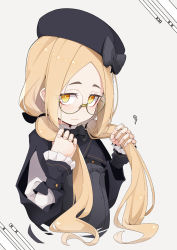 Rule 34 | 1girl, beret, black bow, black hat, black shirt, blonde hair, bow, brown-framed eyewear, closed mouth, commentary request, cropped torso, doll joints, glasses, grey background, hands up, hat, hat bow, highres, holding, holding hair, iberis (ogami kazuki), joints, light smile, long hair, long sleeves, low twintails, ogami kazuki, orange eyes, original, parted bangs, puffy long sleeves, puffy sleeves, round eyewear, semi-rimless eyewear, shirt, short eyebrows, simple background, sleeves past wrists, solo, thick eyebrows, twintails, under-rim eyewear, upper body, very long hair