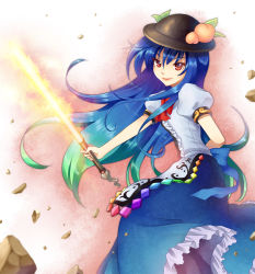 Rule 34 | 1girl, bad id, bad pixiv id, blue hair, female focus, food, fruit, gradient background, hat, hinanawi tenshi, long hair, mauve, peach, red eyes, solo, sword, sword of hisou, touhou, weapon