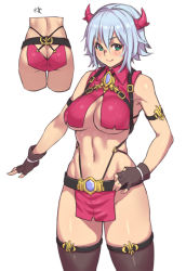 Rule 34 | 1girl, ass, belt, black thighhighs, blush, breasts, cleavage, fingerless gloves, gloves, green eyes, hand on own hip, horns, houtengeki, large breasts, loincloth, looking at viewer, navel, no panties, original, pelvic curtain, revealing clothes, short hair, silver hair, simple background, smile, solo, thighhighs, underboob, white background