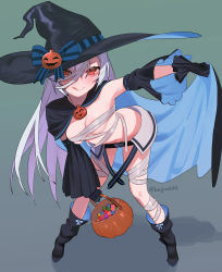 Rule 34 | 1girl, absurdres, bandages, beijuu, bent over, black footwear, black gloves, black hat, blush, boots, breasts, closed mouth, detached sleeves, full body, girls&#039; frontline, gloves, grey hair, halloween, halloween costume, hat, hat ribbon, highres, licking lips, long hair, looking at viewer, medium breasts, official alternate costume, red eyes, ribbon, smile, solo, standing, tokarev (girls&#039; frontline), tokarev (thief of sweetness) (girls&#039; frontline), tongue, tongue out, witch hat