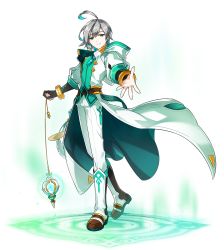 Rule 34 | 1boy, ahoge, ainchase ishmael, belt, blue hair, boots, coat, earrings, elsword, full body, gloves, god&#039;s agent (elsword), green eyes, grey hair, highres, jewelry, male focus, multicolored hair, outstretched hand, partially fingerless gloves, pendulum, solo, transparent background, trench coat