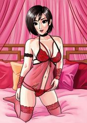 Rule 34 | ada wong, babydoll, black eyes, black hair, collar, jf illustration, lingerie, looking at viewer, open mouth, red lips, resident evil, short hair, solo, underwear