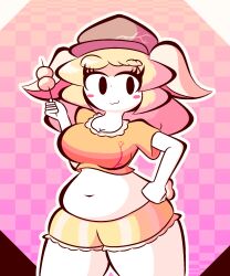 Rule 34 | 1girl, :3, belly, black eyes, blonde hair, blush stickers, breasts, checkered background, curvy, dango, eyelashes, food, hand on own hip, hat, highres, holding, holding food, holding skewer, large breasts, long hair, looking at viewer, midriff, navel, pink background, plump, rabbit ears, rabbit tail, ringo (touhou), short shorts, shorts, skewer, smile, solid oval eyes, standing, tank top, thighs, touhou, wagashi, wide hips, woah maaan