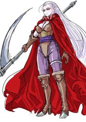 Rule 34 | 1girl, boots, breasts, chrono trigger, cleavage, colored skin, ears visible through hair, flat color, full body, gender request, genderswap, high heel boots, high heels, jewelry, long hair, magus (chrono trigger), necklace, pointy ears, purple skin, scythe, solo, standing, tagme, thighhighs, very long hair, weapon