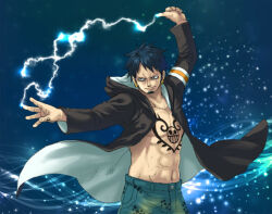 Rule 34 | 1boy, black hoodie, facial hair, goatee, hood, hoodie, jacket, lightning, looking at another, m syotaro, navel, one piece, open clothes, open jacket, short hair, shorts, smile, solo, tattoo, toned, toned male, trafalgar law, v-shaped eyebrows