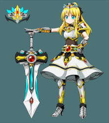 Rule 34 | 1girl, armor, blonde hair, blue eyes, female focus, full body, gauntlets, highres, long hair, md5 mismatch, original, resolution mismatch, simple background, solo, source smaller, sword, weapon, zaxwu