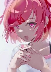 Rule 34 | 1girl, :d, bob cut, bra strap, casual, close-up, collarbone, commentary, doki doki literature club, fang, hair ornament, hair ribbon, highres, interlocked fingers, izumi kazumi, looking at viewer, natsuki (doki doki literature club), open mouth, own hands together, pink eyes, pink hair, portrait, red ribbon, ribbon, shirt, short hair, smile, solo, steepled fingers, swept bangs, two side up, white background, white shirt, x hair ornament