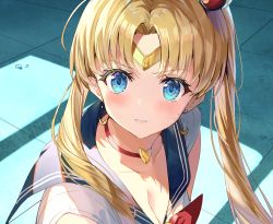 Rule 34 | 1girl, bishoujo senshi sailor moon, blonde hair, blue eyes, blue sailor collar, blush, breasts, choker, cleavage, crescent, crescent earrings, derivative work, earrings, heart, heart choker, jewelry, long hair, looking at viewer, meme, parted lips, red choker, rin yuu, sailor collar, sailor moon, sailor moon redraw challenge (meme), sailor senshi, sailor senshi uniform, solo, tsukino usagi, twintails