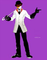 Rule 34 | 1boy, ascot, bad id, bad pixiv id, black footwear, black gloves, black pants, bowler hat, cane, dated, finger gun, full body, gloves, hair over one eye, hat, jacket, male focus, pants, pointing, purple background, roman torchwick, rwby, shoes, signal m, simple background, solo, white jacket