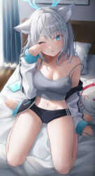 Rule 34 | 1girl, ;o, absurdres, alternate costume, animal ear fluff, animal ears, aqua eyes, doodle sensei (blue archive), bare legs, bare shoulders, barefoot, black panties, blue archive, blush, breasts, camisole, cellphone, cleavage, collarbone, crop top, cushion, grey camisole, grey hair, halo, highres, indoors, jacket, jacket partially removed, looking at viewer, medium breasts, on bed, one eye closed, open clothes, open jacket, panties, phone, rubbing eyes, sensei (blue archive), shiroko (blue archive), sitting, solo, toes, track jacket, underwear, waking up, wariza, wolf ears