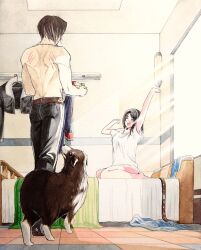 Rule 34 | 1boy, 1girl, absurdres, angelo (ff8), arm up, back, bed, black hair, brown hair, clothes hanger, dog, final fantasy, final fantasy viii, highres, holding, holding plate, implied after sex, numao yorozu, open mouth, plate, rinoa heartilly, scratches, squall leonhart, stretching, sunlight, topless male, window, yawning