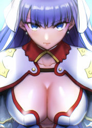 Rule 34 | 1girl, aoba (smartbeat), blue eyes, breasts, capelet, center opening, cleavage, collarbone, earrings, fate/grand order, fate (series), hair ribbon, highres, jewelry, large breasts, long hair, looking at viewer, martha (fate), purple hair, ribbon, solo, white capelet