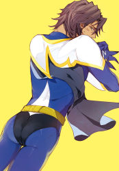 Rule 34 | 10s, 1boy, ass, bad id, bad pixiv id, brown eyes, brown hair, cape, from behind, male focus, mamita, simple background, skin tight, solo, spandex, superhero costume, tiger &amp; bunny, wild tiger, yellow background