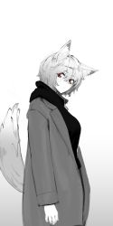 Rule 34 | 1641 (chfhrtor94), 1girl, animal ears, black sweater, closed mouth, coat, gloves, grey background, grey coat, highres, inubashiri momiji, long sleeves, looking at viewer, red eyes, short hair, solo, sweater, tail, touhou, white hair, wolf ears, wolf girl, wolf tail