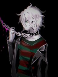 1boy, alternate eye color, bangs, black background, black jacket, black nails, blood, chains, collar, commentary request, cuffs, danganronpa (series), danganronpa 3 (anime), from side, green eyes, grey hair, hand up, jacket, komaeda nagito, long sleeves, male focus, mian (nemu 0118), nail polish, off shoulder, pale skin, pink blood, profile, shackles, shirt, simple background, solo, striped, striped shirt, upper body