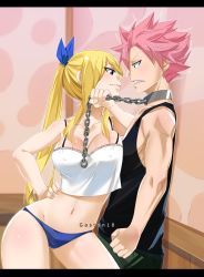 Rule 34 | 1boy, 1girl, absurdres, against wall, artist name, assertive female, black shirt, blonde hair, blue panties, blue ribbon, breasts, brown eyes, camisole, chain, chain leash, chain, choker, cleavage, clenched hand, closed mouth, collarbone, contrapposto, covered erect nipples, derivative work, eye contact, fairy tail, femdom, gaston18, hair ribbon, hand on own hip, highres, kabedon, leash, letterboxed, lips, long hair, looking at another, lucy heartfilia, mashima hiro, natsu dragneel, navel, no bra, panties, pink hair, ponytail, profile, pulling, ribbon, role reversal, shirt, sleeveless, smile, smirk, standing, stomach, sweat, sweatdrop, tank top, thighs, twintails, underwear, white shirt