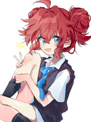 Rule 34 | 1girl, absurdres, ahoge, black socks, blue archive, blue eyes, blue necktie, collared shirt, double bun, feet out of frame, hair bun, highres, light blush, looking at viewer, maki (blue archive), necktie, nyou 0, open mouth, red hair, scribble, shirt, short hair, short sleeves, sidelocks, simple background, sitting, sleeveless, sleeveless sweater, smile, socks, solo, sweater, v, white background, white shirt