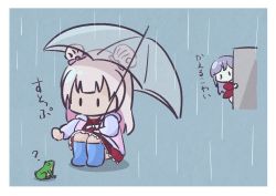 Rule 34 | 2girls, ?, animal, assault lily, blue background, blue footwear, blue jacket, boots, border, bow, bowtie, chibi, double bun, frilled skirt, frills, frog, grey hair, hair bow, hair bun, highres, holding, holding umbrella, hood, hood down, hooded jacket, jacket, kabayaki (kabayaki eel), kanba girls high school uniform, kon kanaho, leaning to the side, long hair, long sleeves, looking at animal, looking at another, miniskirt, multicolored clothes, multicolored jacket, multiple girls, no mouth, open clothes, open hand, open jacket, outstretched arm, peeking out, pink bow, pink hair, pink jacket, rain, red shirt, red skirt, rubber boots, school uniform, shirt, skirt, solid oval eyes, squatting, standing, tanba akari, tearing up, translated, transparent, transparent umbrella, umbrella, white border, white bow, white bowtie