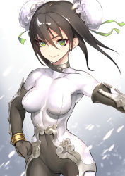 Rule 34 | 1girl, black gloves, bodysuit, bracelet, breasts, brown hair, bun cover, closed mouth, commentary request, covered navel, cowboy shot, double bun, elbow gloves, eyeliner, fate/grand order, fate (series), gloves, gradient background, green eyes, green ribbon, grey background, hair between eyes, hair bun, hair ribbon, hand on own hip, highres, jewelry, looking at viewer, makeup, medium breasts, ninnin (shishitou), qin liangyu (fate), ribbon, short hair, sidelocks, smile, solo, vambraces, white bodysuit