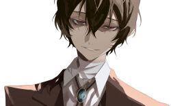 Rule 34 | 1boy, bandage on neck, black hair, brown suit, bungou stray dogs, collared shirt, dazai osamu (bungou stray dogs), formal, hair between eyes, highres, jacket, looking at viewer, male focus, red eyes, shirt, short hair, sidelocks, simple background, smile, solo, suit, upper body, user wjpu7573, white background, white shirt