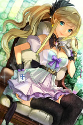 Rule 34 | 1girl, bare shoulders, belt, bird, bird on hand, black thighhighs, blonde hair, blue eyes, breasts, chair, cleavage, cross, ddongu, detached collar, detached sleeves, floral print, gloves, hand on own hip, layered skirt, long hair, lowres, pleated skirt, ponytail, print thighhighs, sitting, skirt, smile, solo, striped, sword girls, thighhighs, very long hair, wavy hair