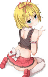 Rule 34 | 1girl, ass, back, bare shoulders, blonde hair, blue eyes, frills, greatmosu, highres, looking at viewer, looking back, medicine melancholy, microskirt, midriff, short hair, shoulder blades, sitting, skirt, smile, solo, thighhighs, touhou, v, wariza, white background