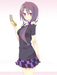 Rule 34 | 1girl, alternate costume, alternate hairstyle, bare shoulders, brown hair, cellphone, checkered clothes, checkered skirt, contemporary, female focus, hair over shoulder, himekaidou hatate, legs, long hair, looking at viewer, miniskirt, phone, purple eyes, q (a72pgc), side ponytail, skirt, solo, touhou