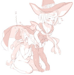Rule 34 | 2girls, blush, boots, breasts, cleavage, clothed female nude female, clothed female nude male, cunnilingus, djeeta (granblue fantasy), closed eyes, granblue fantasy, hair bun, half-closed eyes, hand on another&#039;s leg, hat, heart, horns, large breasts, leaning forward, long hair, miniskirt, monochrome, multiple girls, narmaya (granblue fantasy), navel, nude, oral, pleated skirt, pointy ears, randou, short hair, short sleeves, single hair bun, sketch, skirt, small breasts, standing, standing cunnilingus, sweat, thigh boots, thighhighs, waist cape, witch hat, yuri