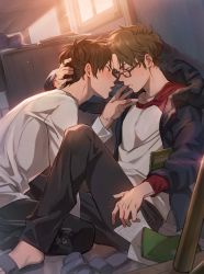 Rule 34 | absurdres, ace of diamond, after kiss, blue jacket, blush, brown eyes, brown hair, couple, face-to-face, glasses, hand on another&#039;s face, highres, holding another&#039;s head, hood, hood down, hooded jacket, indoors, jacket, looking at another, male focus, miyuki kazuya, open clothes, open jacket, saliva, saliva trail, sandals, sato (sato 1 11), sawamura eijun, shirt, short hair, sideburns, sitting, sunlight, white shirt, window, yaoi