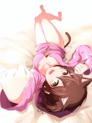 Rule 34 | 1girl, :d, animal ears, barefoot, brown eyes, brown hair, cardigan, cat ears, cat tail, dice gt, from above, from behind, full body, hair between eyes, hair ornament, hairclip, highres, idolmaster, idolmaster million live!, kasuga mirai, long sleeves, looking at viewer, lying, on back, open cardigan, open clothes, open mouth, pink sweater, short hair, smile, solo, sweater, tail