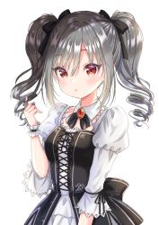 Rule 34 | 1girl, :o, absurdres, black bow, black ribbon, blush, bow, breasts, dress, drill hair, gothic lolita, grey hair, hair bow, hair ribbon, hand up, highres, hiiragi kei, idolmaster, idolmaster cinderella girls, kanzaki ranko, lolita fashion, long hair, looking at viewer, open mouth, parted lips, red eyes, ribbon, simple background, small breasts, solo, twin drills, twintails, white background, wrist cuffs