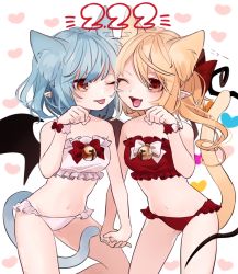 Rule 34 | 2girls, animal ears, artist name, bad id, bad twitter id, bandeau, bare arms, bare shoulders, bat wings, bell, blonde hair, blue eyes, blush, bow, cat ears, cat tail, commentary request, dated, feet out of frame, flandre scarlet, frilled panties, frills, gotou (nekocat), hair bow, heart, holding hands, jingle bell, kemonomimi mode, looking at viewer, midriff, multiple girls, navel, no headwear, open mouth, panties, paw pose, pink bow, pink panties, pointy ears, red bow, red eyes, red panties, remilia scarlet, short hair, siblings, side ponytail, signature, simple background, sisters, smile, standing, strapless, tail, thighs, tongue, tongue out, touhou, tube top, underwear, white background, wings, wrist cuffs