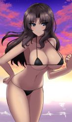 Rule 34 | 1girl, absurdres, aikir (jml5160), bikini, black bikini, blue eyes, breasts, brown hair, clenched hands, closed mouth, cloud, commission, dark-skinned female, dark skin, el (girls und panzer), expressionless, girls und panzer, hair intakes, hand on own hip, hand up, highres, large breasts, leaning forward, long hair, navel, ocean, orange sky, outdoors, pixiv commission, skindentation, sky, solo, stomach, strap gap, string bikini, sunset, swimsuit, thighs