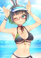 Rule 34 | 1girl, absurdres, akowazaki, animal ears, beach, bikini, black bikini, black hair, bracelet, breasts, glasses, gradient hair, green eyes, green hair, halterneck, highres, indie virtual youtuber, jewelry, medium breasts, multicolored hair, necklace, one eye closed, outdoors, red-framed eyewear, short hair, side-tie bikini bottom, smile, solo, string bikini, swimsuit, tammy (vtuber), tongue, tongue out, virtual youtuber, visor cap, wristband