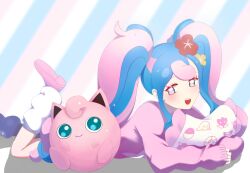 Rule 34 | 1girl, absurdres, aqua eyes, blue hair, bull sprite (pokemon), clefairy sprite (pokemon), creatures (company), earrings, fairy miku (project voltage), flaw (4lmnis), flower, flower sprite (pokemon), fossil sprite (pokemon), game freak, gen 1 pokemon, hair flower, hair ornament, hatsune miku, highres, jewelry, jigglypuff, leg up, long sleeves, loose socks, lying, multicolored eyes, multicolored hair, nintendo, on stomach, pearl earrings, pink eyes, pink footwear, pink hair, pink sweater, pokemon, pokemon (creature), project voltage, red flower, shoes, sleeves past wrists, socks, solo, surf sprite (pokemon), sweater, tareme, twintails, two-tone hair, vocaloid, white socks, yellow flower