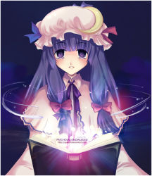 Rule 34 | 1girl, ayakohi, book, bow, capelet, crescent, crescent moon, female focus, glowing, hair bow, hat, image sample, long hair, magic, moon, patchouli knowledge, purple eyes, purple hair, purple theme, ribbon, smile, solo, touhou