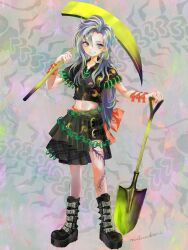 Rule 34 | 1girl, artist name, belt, black belt, black footwear, black skirt, boots, bow, chain, closed mouth, curtained hair, full body, green eyes, grey background, grey hair, highres, himemushi momoyo, holding, holding pickaxe, holding shovel, leg tattoo, long hair, looking at viewer, midriff, multicolored hair, natsuakari, navel, orange bow, pickaxe, plaid, plaid skirt, shovel, signature, skirt, smile, solo, tattoo, touhou, waist bow