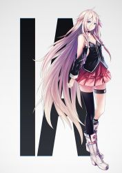 Rule 34 | 1girl, ahoge, arms at sides, asymmetrical legwear, text background, bare shoulders, black choker, black eyes, blonde hair, blue eyes, blush, boots, breasts, character name, choker, cleavage, clothing cutout, collarbone, commentary request, grey background, hair between eyes, highres, ia (rocks) (vocaloid), ia (vocaloid), knee boots, long hair, long sleeves, looking at viewer, low neckline, miniskirt, multicolored hair, parted lips, pink hair, pink skirt, pleated skirt, shoulder cutout, single thighhigh, skirt, small breasts, solo, standing, straight hair, streaked hair, sugi 214, thigh strap, thighhighs, uneven legwear, very long hair, vocaloid, white footwear