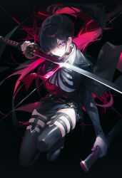 Rule 34 | 1girl, absurdres, black background, black footwear, black gloves, black hair, black jacket, black thighhighs, cerberus (legendary sword), closed mouth, collared shirt, commentary, diffraction spikes, elbow gloves, full body, gloves, hair over one eye, highres, holding, holding sheath, holding sword, holding weapon, jacket, lapels, legendary sword, long hair, looking at viewer, multicolored eyes, multicolored hair, nail polish, necktie, okazu (eightstudio), open clothes, open jacket, partially fingerless gloves, pink eyes, pink hair, pink nails, pink necktie, ponytail, purple eyes, ringed eyes, sheath, shirt, solo, streaked hair, sword, symbol-only commentary, thighhighs, two-tone hair, very long hair, weapon, white shirt
