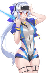 Rule 34 | 1girl, absurdres, adjusting clothes, adjusting headwear, bad id, bad pixiv id, blue jacket, blue one-piece swimsuit, blush, breasts, competition swimsuit, energy sword, eyewear on head, fate/grand order, fate (series), hair between eyes, head-mounted display, headphones, headset, highres, jacket, large breasts, long hair, microphone, one-piece swimsuit, open mouth, ponytail, red eyes, silver hair, slit pupils, solo, swimsuit, sword, thigh strap, tomoe gozen (fate), tomoe gozen (swimsuit saber) (fate), tomoe gozen (swimsuit saber) (first ascension) (fate), two-tone swimsuit, very long hair, weapon, white background, white one-piece swimsuit, yahan (mctr5253)
