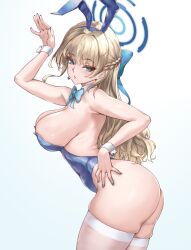 Rule 34 | 1girl, alternate breast size, animal ears, arm up, ass, backless leotard, bare shoulders, blonde hair, blue archive, blue bow, blue eyes, blue hairband, blue leotard, blue nails, bow, bowtie, braid, breasts, curvy, detached collar, duchessofarmeria, fake animal ears, from side, hairband, halo, highleg, highleg leotard, highres, large breasts, leotard, long hair, official alternate costume, official alternate hairstyle, parted lips, playboy bunny, rabbit ears, sideboob, solo, thighhighs, thighs, toki (blue archive), toki (bunny) (blue archive), very long hair, white thighhighs, wrist cuffs