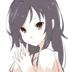 Rule 34 | 1girl, :|, black hair, blush stickers, brown eyes, closed mouth, colored skin, expressionless, gedou (ge ge gedou), ichijou hotaru, looking at viewer, non non biyori, own hands clasped, own hands together, partially colored, portrait, shirt, simple background, solo, swept bangs, tsurime, white background, white shirt, white skin