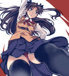 Rule 34 | 1girl, arm up, black hair, black skirt, black thighhighs, blue eyes, cameltoe, commentary request, crotch seam, fate/stay night, fate (series), hair ribbon, homurahara academy school uniform, kamisimo 90, long hair, looking at viewer, panties, pantyshot, parted bangs, pleated skirt, red panties, ribbon, school uniform, shirt, skirt, solo, thighhighs, tohsaka rin, two side up, underwear, white shirt