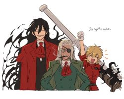 Rule 34 | :d, ^ ^, aged up, ajifurai, alucard (hellsing), anti-materiel rifle, arm up, asaya minoru, ascot, black hair, black vest, blonde hair, blouse, cannon, cape, cigar, clenched hand, closed eyes, collared shirt, cropped torso, dark skin, eyepatch, fang, forehead, gloves, green cape, green jacket, grey hair, gun, hands on own hips, hellsing, hellsing 30mm anti-tank cannon harkonnen, integra hellsing, jacket, long hair, long sleeves, mouth hold, open clothes, open jacket, open mouth, parted bangs, red ascot, red jacket, red shirt, rifle, seras victoria, shirt, simple background, smile, smoke, smoking, sniper rifle, spoilers, twitter username, upper body, very long hair, vest, weapon, white background, white gloves, white shirt