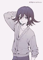 Rule 34 | 1boy, arm behind back, cardigan, chinese commentary, closed mouth, collarbone, commentary request, cowboy shot, danganronpa (series), danganronpa v3: killing harmony, ewa (seraphhuiyu), hair between eyes, highres, male focus, monochrome, oma kokichi, purple theme, shirt, short hair, simple background, smile, solo, translation request, white background