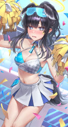 Rule 34 | 1girl, absurdres, animal ears, arms up, bare shoulders, blue archive, blush, breasts, cheerleader, cleavage, confetti, dog ears, dog girl, dog tail, eyewear on head, goggles, goggles on head, halo, hibiki (blue archive), hibiki (cheer squad) (blue archive), highres, holding, holding pom poms, long hair, looking at viewer, medium breasts, millennium cheerleader outfit (blue archive), monegi, navel, official alternate costume, open mouth, pom pom (cheerleading), pom poms, solo, sticker on arm, sticker on face, tail