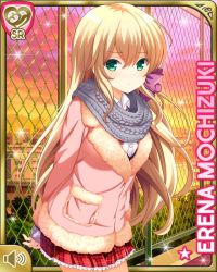 Rule 34 | 1girl, :o, arms behind back, blonde hair, blush, braid, breasts, card (medium), chainlink fence, closed mouth, coat, cyberagent, day, female focus, girlfriend (kari), green eyes, hair ribbon, large breasts, long hair, mochizuki erena, official art, outdoors, pink coat, plaid, plaid skirt, purple neckwear, qp:flapper, red skirt, ribbon, rooftop, scarf, school, school uniform, shirt, skirt, solo, standing, sunset, tagme, white shirt