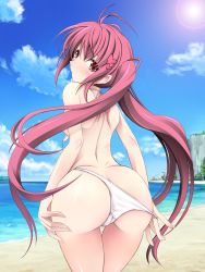 Rule 34 | 1girl, ahoge, antenna hair, arched back, ass, back, beach, bikini, blush, clothes pull, cloud, female focus, from behind, hair ornament, highres, kyoro (cothurnus), legs, long hair, looking at viewer, looking back, ocean, one-piece swimsuit pull, original, outdoors, red eyes, red hair, sand, shiny skin, sky, solo, standing, sun, swimsuit, thighs, twintails, underwear, very long hair, water, white bikini