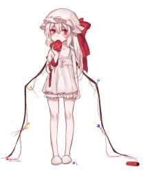 Rule 34 | 1girl, albino, alternate costume, alternate hair color, arm at side, arm ribbon, camisole, flandre scarlet, full body, hat, hat ribbon, heart, highres, knees, legs, long hair, mob cap, pin, ponytail, red eyes, ribbon, shan, short hair, side ponytail, signature, simple background, slippers, slit pupils, solo, stitches, strap slip, thread, touhou, white background, white hair, wings, yarn