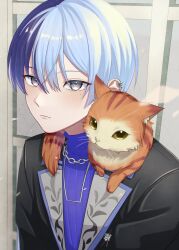 Rule 34 | 1boy, absurdres, animal, animal on shoulder, aoyagi touya, blue hair, cat, chain, chain necklace, closed mouth, commentary, dark blue hair, ear piercing, find a way out (project sekai), grey eyes, hair between eyes, highres, jewelry, lapels, looking at viewer, male focus, mole, mole under eye, multicolored hair, necklace, official alternate costume, piercing, project sekai, short hair, solo, split-color hair, turtleneck, two-tone hair, upper body, yk62